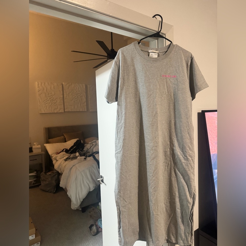 Helmut Lang Heather Gray TShirt Dress with Pink Embroided Logo